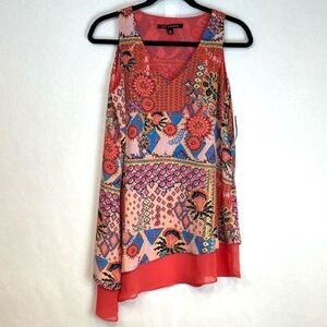 NWT ZAC & RACHEL Blouse Medium Coral Blue Tunic Lined Layered Asymmetrical Hem